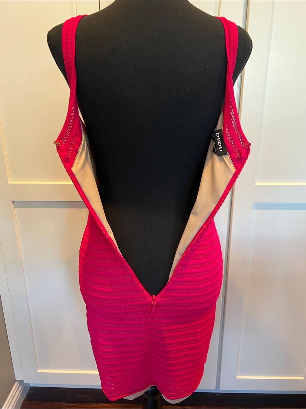 bebe Maeve Mesh Striped Bodycon Dress Pink Fuchsia Size Small - Picture 7 of 11